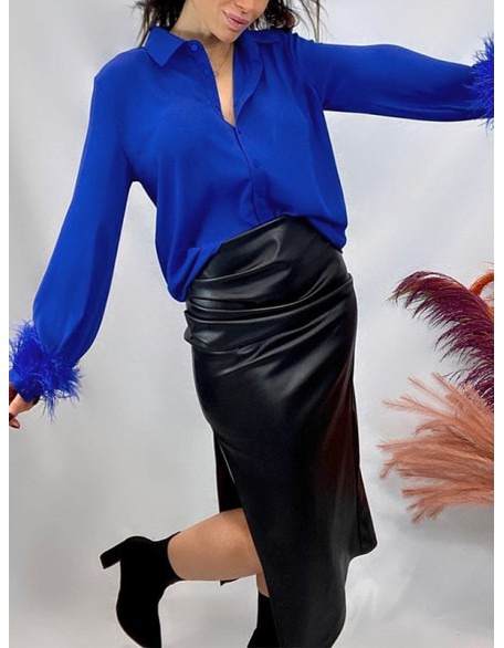 Loose Wrap Feathers Solid Color Split-Joint Lapel Collar Blouses&Shirts Tops