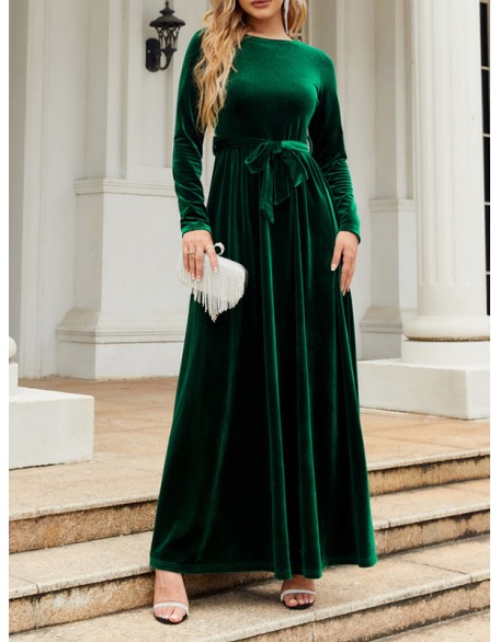 Belted Pleated Solid Color Zipper Long Sleeves Wrap Round-Neck Maxi Dresses