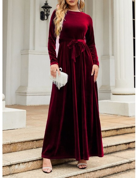 Belted Pleated Solid Color Zipper Long Sleeves Wrap Round-Neck Maxi Dresses