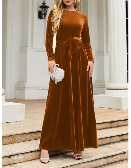 Belted Pleated Solid Color Zipper Long Sleeves Wrap Round-Neck Maxi Dresses