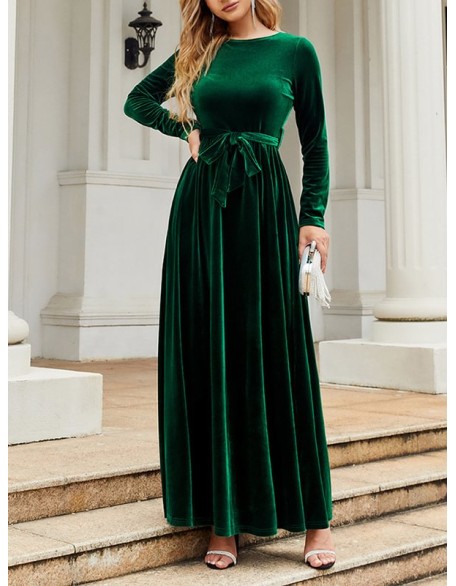 Belted Pleated Solid Color Zipper Long Sleeves Wrap Round-Neck Maxi Dresses