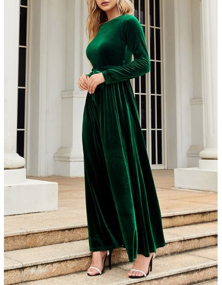 Belted Pleated Solid Color Zipper Long Sleeves Wrap Round-Neck Maxi Dresses