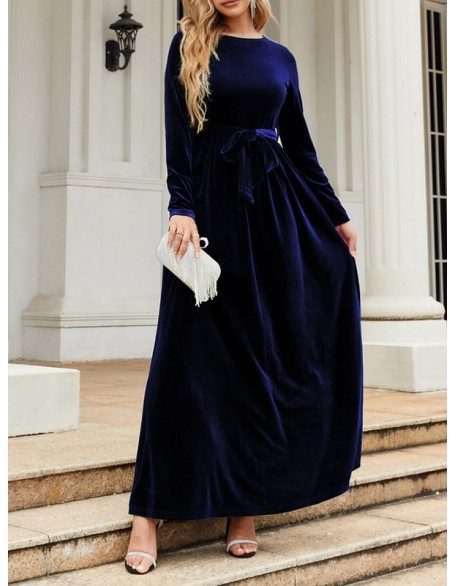 Belted Pleated Solid Color Zipper Long Sleeves Wrap Round-Neck Maxi Dresses