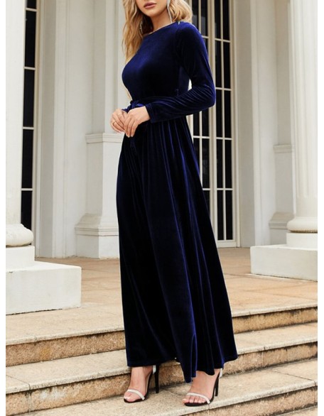 Belted Pleated Solid Color Zipper Long Sleeves Wrap Round-Neck Maxi Dresses