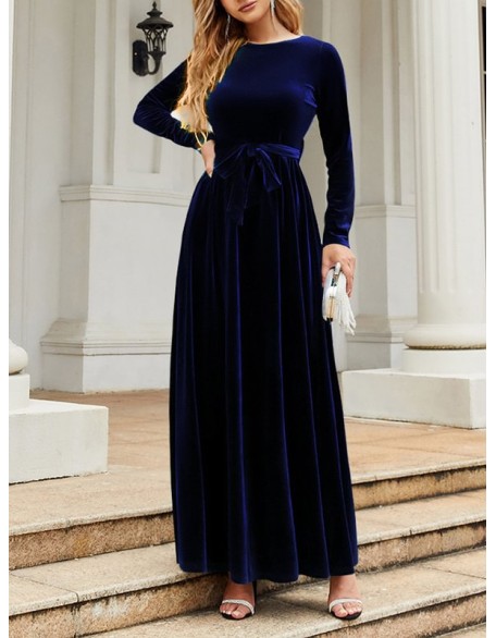 Belted Pleated Solid Color Zipper Long Sleeves Wrap Round-Neck Maxi Dresses