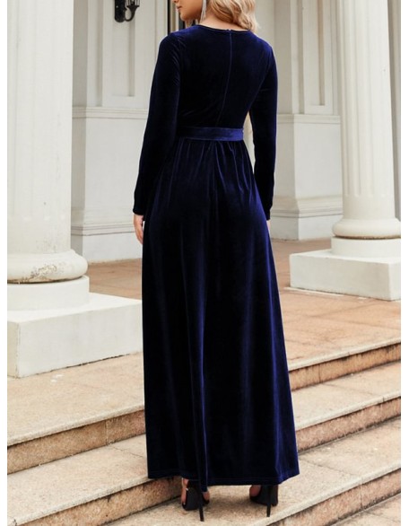 Belted Pleated Solid Color Zipper Long Sleeves Wrap Round-Neck Maxi Dresses