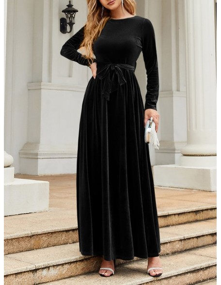 Belted Pleated Solid Color Zipper Long Sleeves Wrap Round-Neck Maxi Dresses