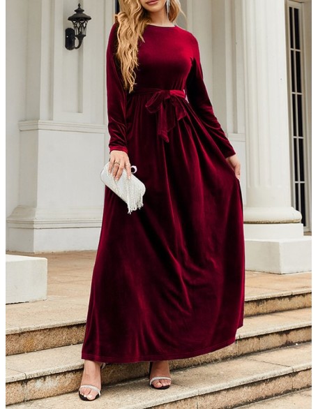 Belted Pleated Solid Color Zipper Long Sleeves Wrap Round-Neck Maxi Dresses