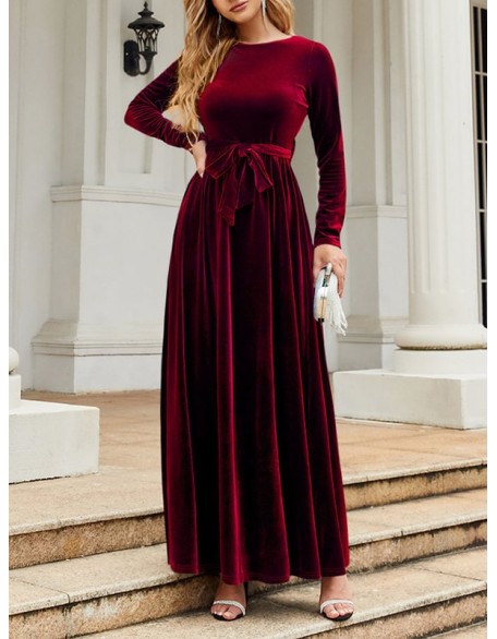 Belted Pleated Solid Color Zipper Long Sleeves Wrap Round-Neck Maxi Dresses