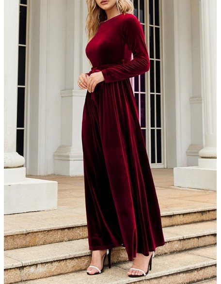 Belted Pleated Solid Color Zipper Long Sleeves Wrap Round-Neck Maxi Dresses