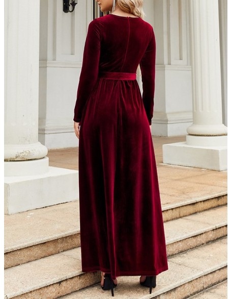 Belted Pleated Solid Color Zipper Long Sleeves Wrap Round-Neck Maxi Dresses