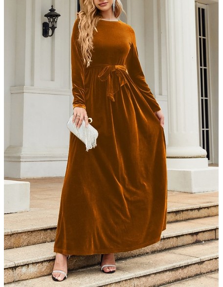 Belted Pleated Solid Color Zipper Long Sleeves Wrap Round-Neck Maxi Dresses