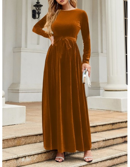 Belted Pleated Solid Color Zipper Long Sleeves Wrap Round-Neck Maxi Dresses