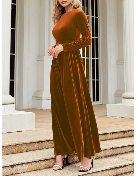 Belted Pleated Solid Color Zipper Long Sleeves Wrap Round-Neck Maxi Dresses