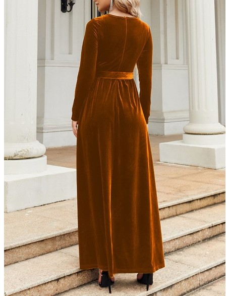 Belted Pleated Solid Color Zipper Long Sleeves Wrap Round-Neck Maxi Dresses