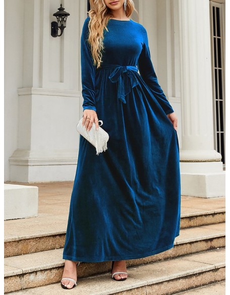 Belted Pleated Solid Color Zipper Long Sleeves Wrap Round-Neck Maxi Dresses