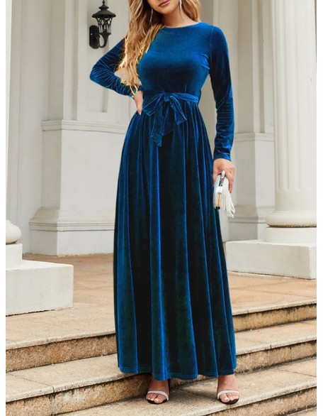 Belted Pleated Solid Color Zipper Long Sleeves Wrap Round-Neck Maxi Dresses