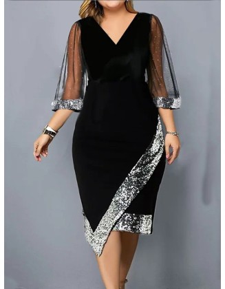 Contrast Color Mesh Sequined Split-Joint Bodycon Wrap V-Neck Midi Dresses