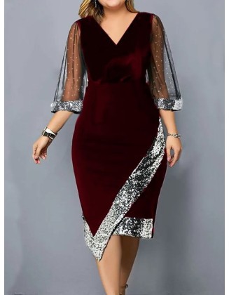 Contrast Color Mesh Sequined Split-Joint Bodycon Wrap V-Neck Midi Dresses