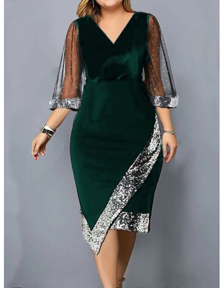 Contrast Color Mesh Sequined Split-Joint Bodycon Wrap V-Neck Midi Dresses