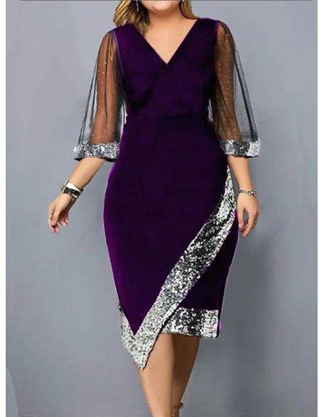 Contrast Color Mesh Sequined Split-Joint Bodycon Wrap V-Neck Midi Dresses