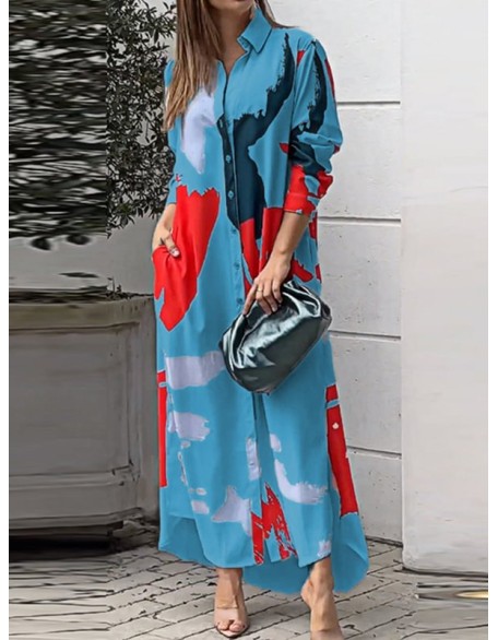 Buttoned Contrast Color Pockets Printed Split-Side Loose Wrap Shirt Dress