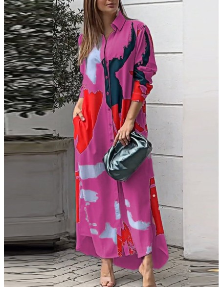 Buttoned Contrast Color Pockets Printed Split-Side Loose Wrap Shirt Dress