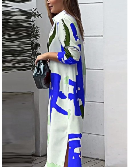 Buttoned Contrast Color Pockets Printed Split-Side Loose Wrap Shirt Dress