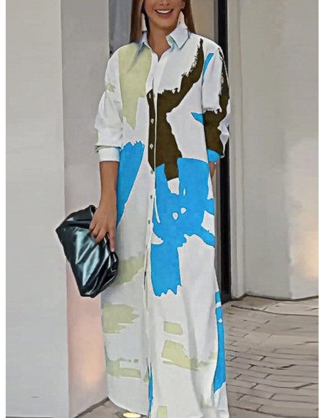 Buttoned Contrast Color Pockets Printed Split-Side Loose Wrap Shirt Dress