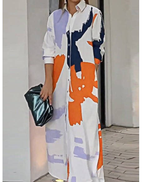 Buttoned Contrast Color Pockets Printed Split-Side Loose Wrap Shirt Dress