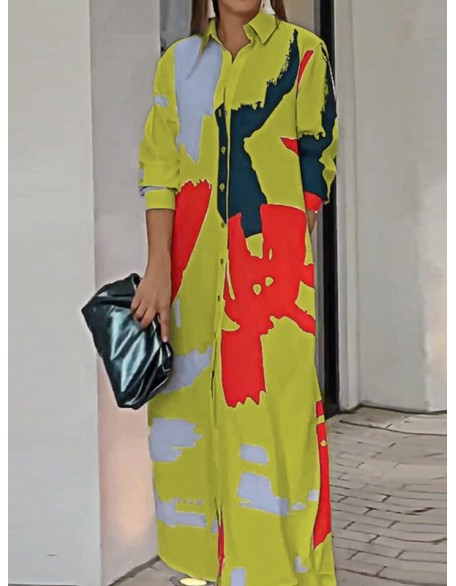 Buttoned Contrast Color Pockets Printed Split-Side Loose Wrap Shirt Dress