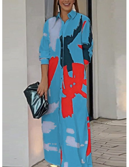 Buttoned Contrast Color Pockets Printed Split-Side Loose Wrap Shirt Dress