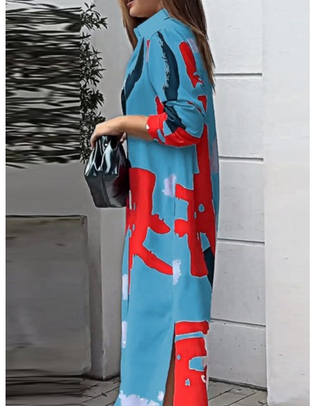 Buttoned Contrast Color Pockets Printed Split-Side Loose Wrap Shirt Dress