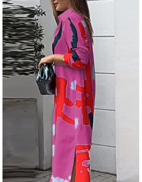 Buttoned Contrast Color Pockets Printed Split-Side Loose Wrap Shirt Dress