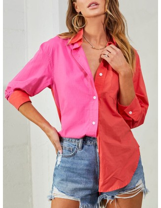 Buttoned Contrast Color Loose Wrap Lapel Blouses&Shirts Tops