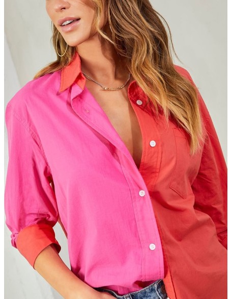 Buttoned Contrast Color Loose Wrap Lapel Blouses&Shirts Tops