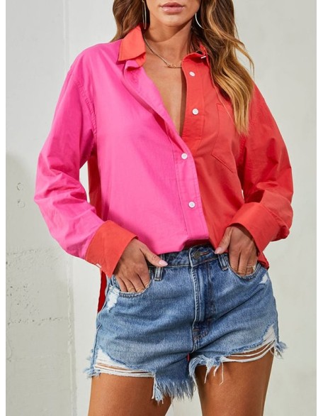 Buttoned Contrast Color Loose Wrap Lapel Blouses&Shirts Tops