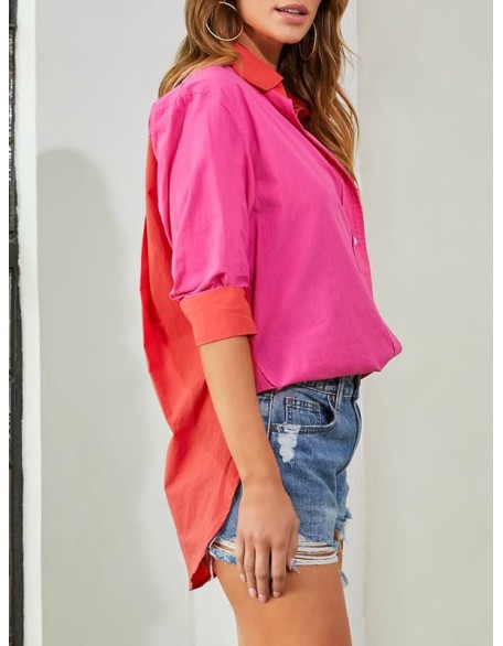 Buttoned Contrast Color Loose Wrap Lapel Blouses&Shirts Tops