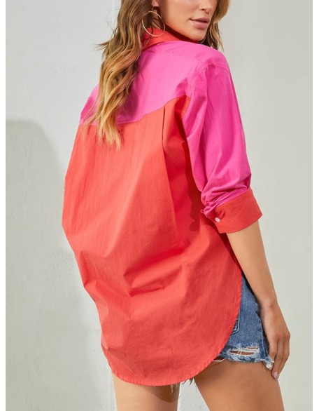 Buttoned Contrast Color Loose Wrap Lapel Blouses&Shirts Tops