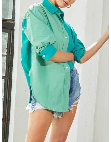 Buttoned Contrast Color Loose Wrap Lapel Blouses&Shirts Tops