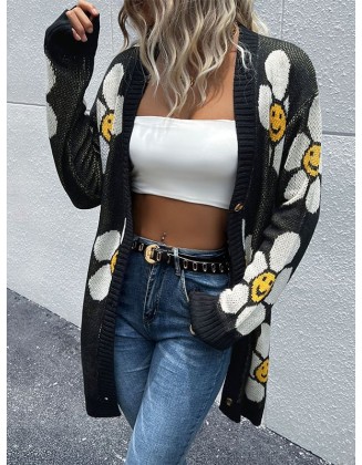 Contrast Color Knitted Flower Loose Wrap Cardigan Tops