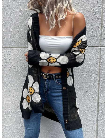 Contrast Color Knitted Flower Loose Wrap Cardigan Tops