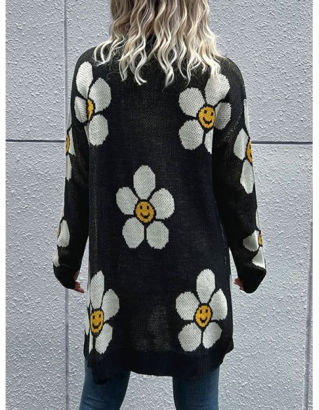 Contrast Color Knitted Flower Loose Wrap Cardigan Tops