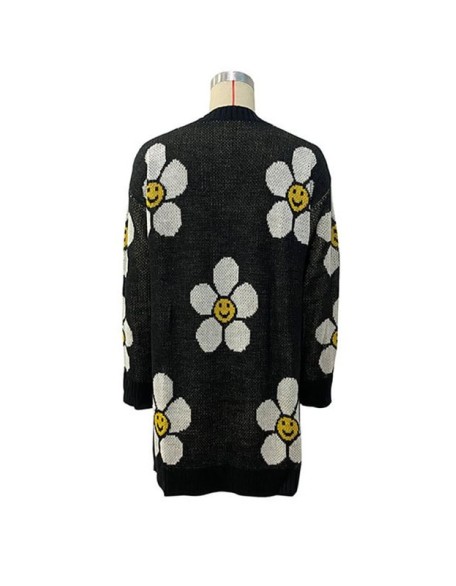 Contrast Color Knitted Flower Loose Wrap Cardigan Tops