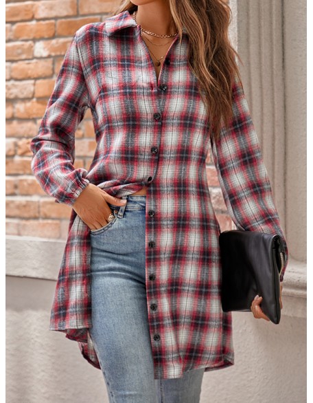 Plaid Loose Wrap Lapel Blouses&shirts Tops