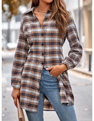 Plaid Loose Wrap Lapel Blouses&shirts Tops