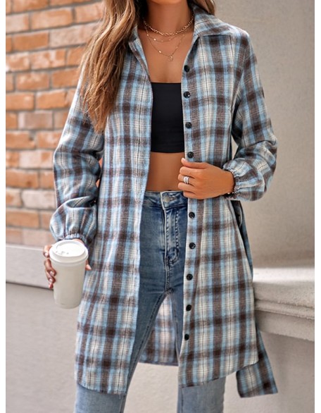 Plaid Loose Wrap Lapel Blouses&shirts Tops