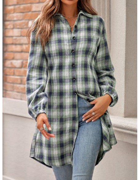 Plaid Loose Wrap Lapel Blouses&shirts Tops