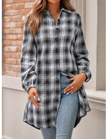 Plaid Loose Wrap Lapel Blouses&shirts Tops