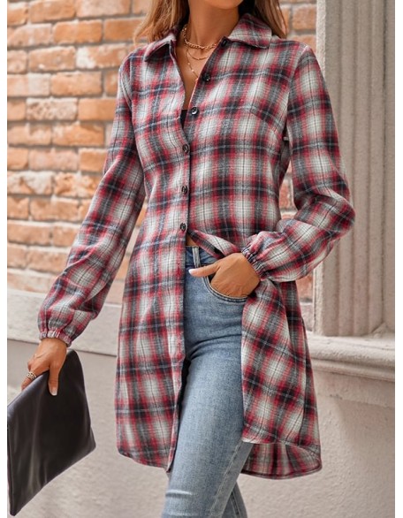 Plaid Loose Wrap Lapel Blouses&shirts Tops